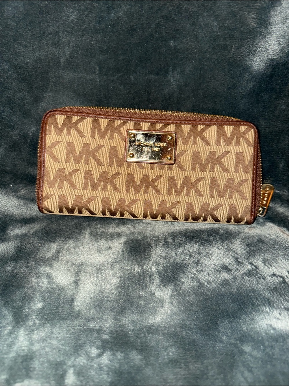 Michael Kors Brown/Tan MK Monogram Zip Wallet with Gold Plate